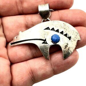 Vintage Southwest Necklace Sterling Silver Blue Lapis Lazuli Bear Pendant